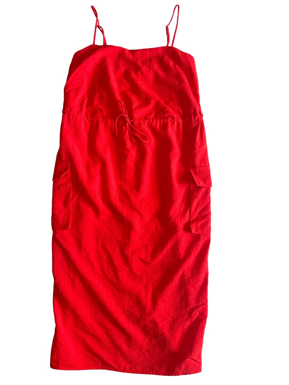 Lumiere Red Linen-Like Cargo Dress Small Strappy Utility Drawstring Midi Pockets